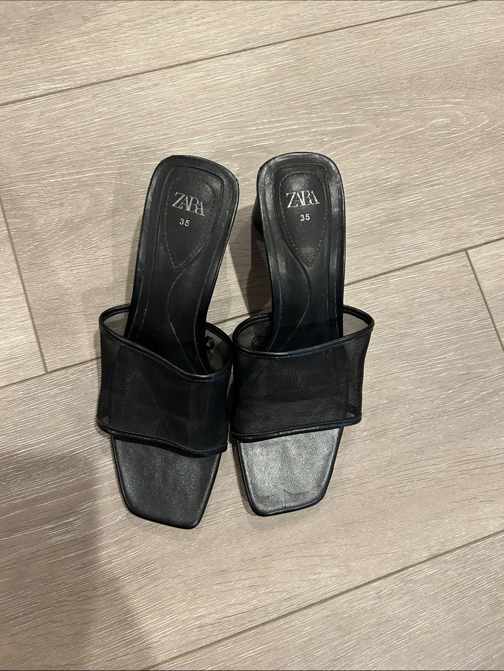 Zara Black Mesh Square-Toe Block Heel Mules